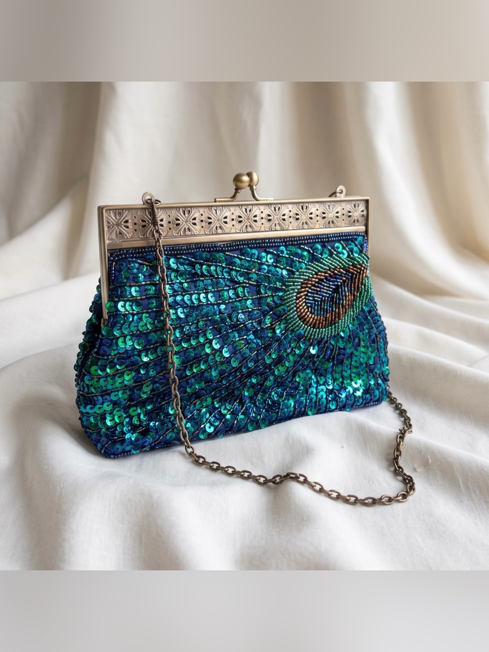🦚 STUNNING PEACOCK BEADED EVENING BAG CROSSBODY GLAM FORMAL